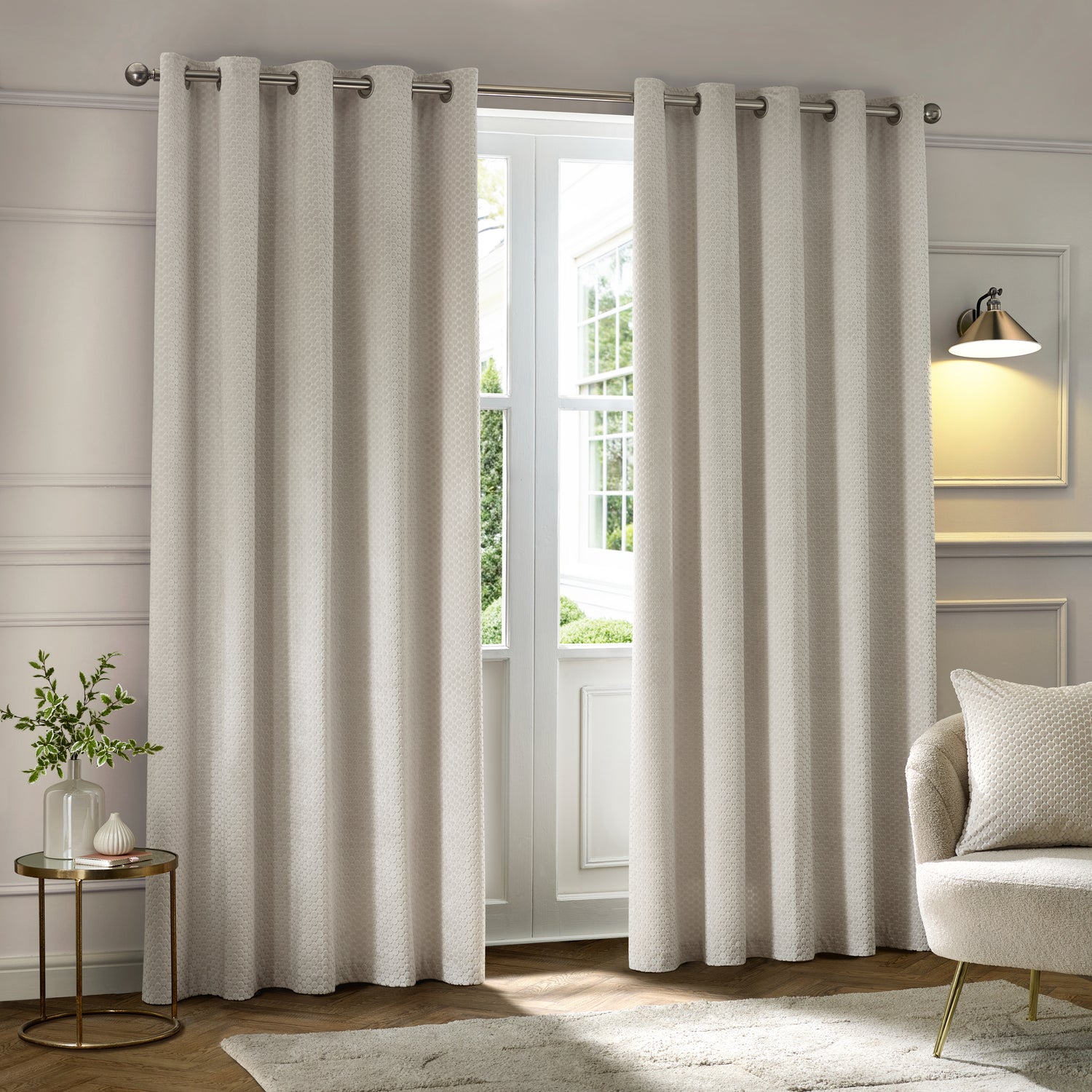 Paoletti Neptune Velvet Ready Made Eyelet Blockout Curtains Ivory