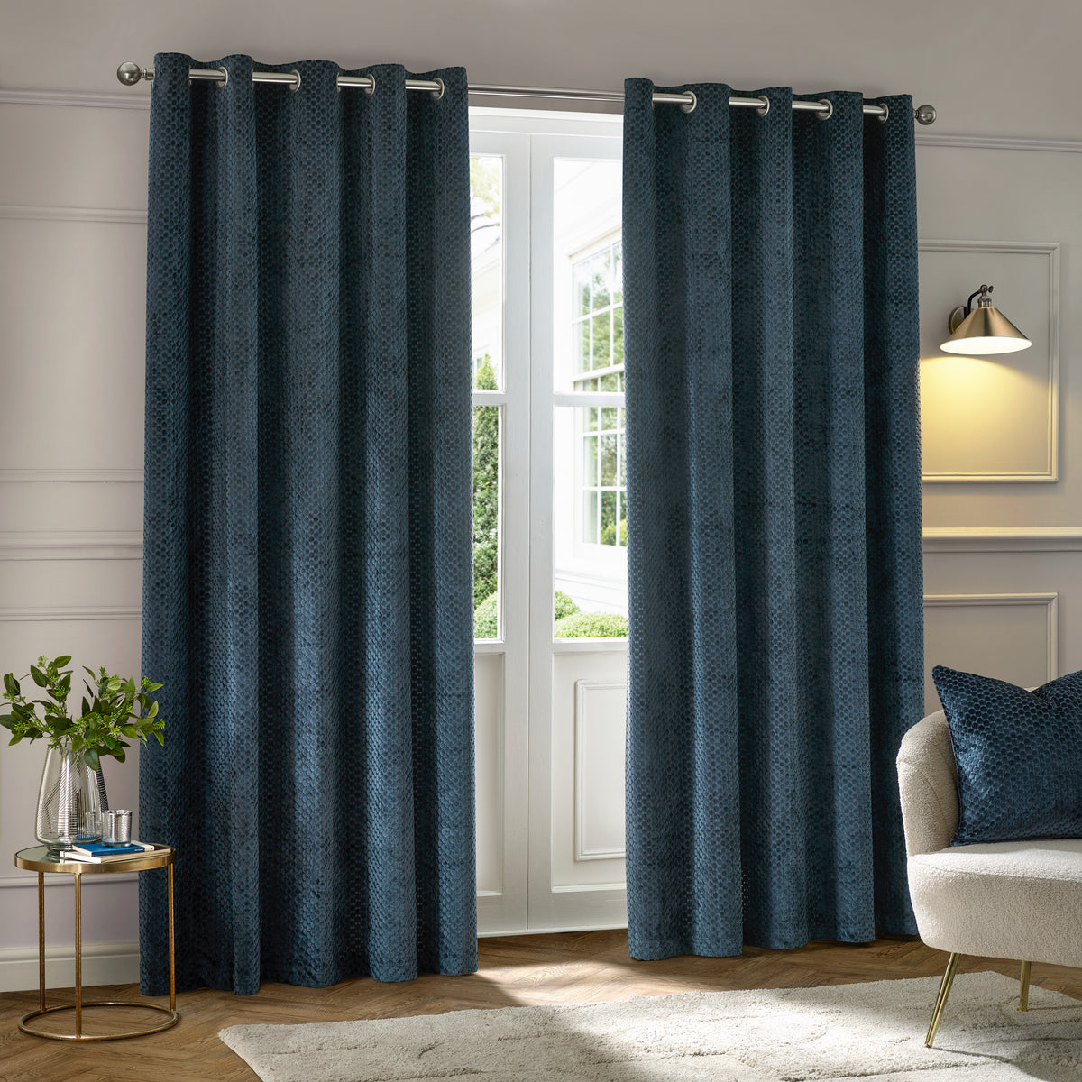 Paoletti Neptune Velvet Ready Made Eyelet Blockout Curtains Navy