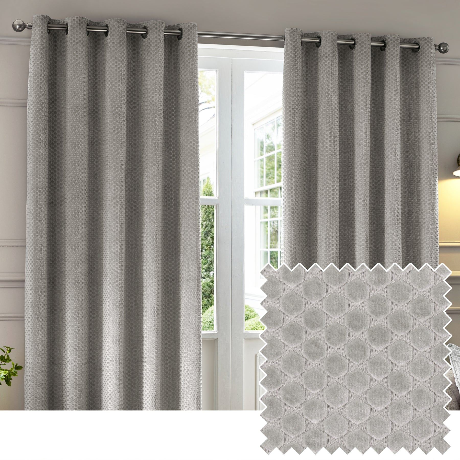 Paoletti Neptune Velvet Ready Made Eyelet Blockout Curtains Silver