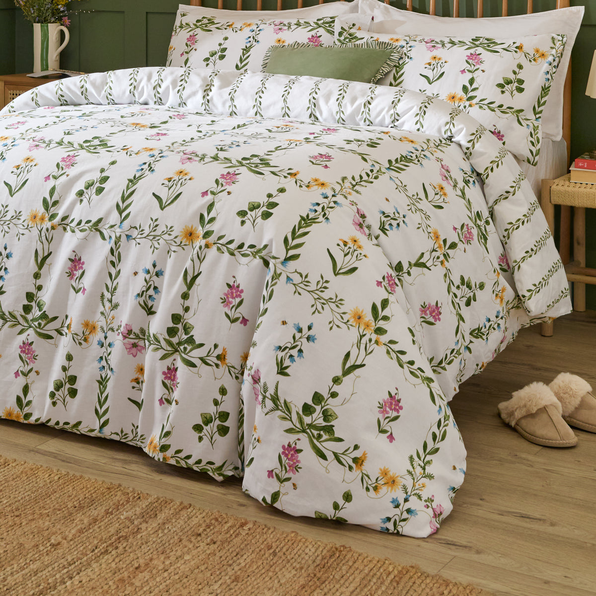 Olivia Cotton Duvet Cover Bedding Set Green