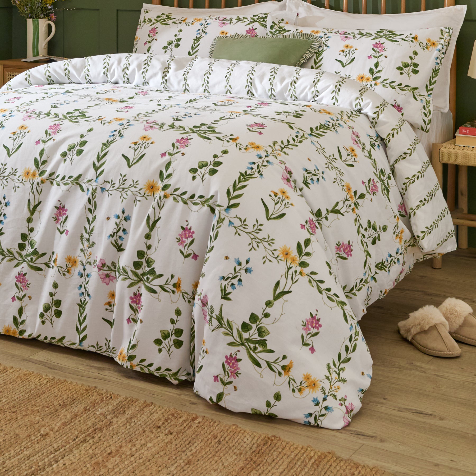 Olivia Cotton Duvet Cover Bedding Set Green