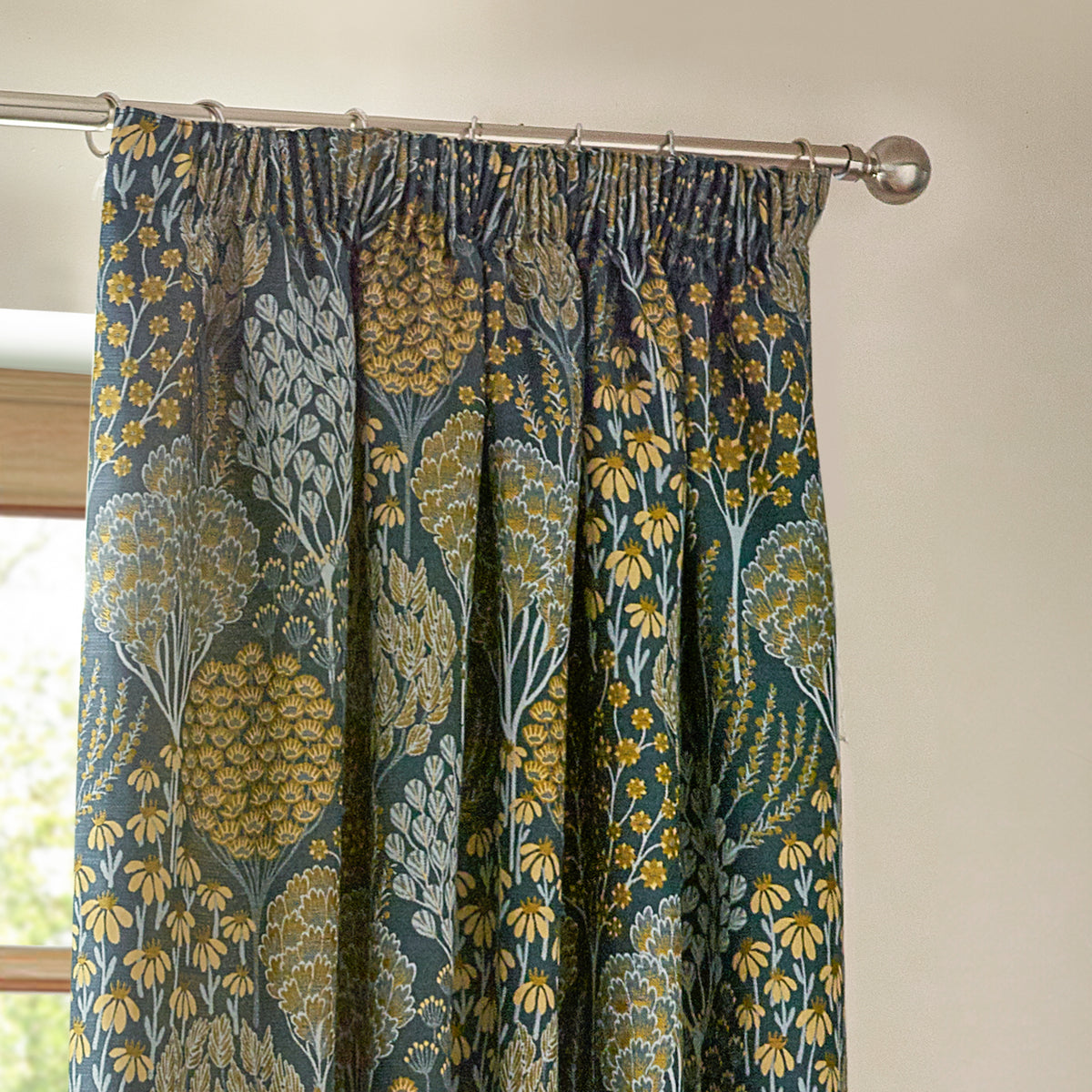 Ophelia Floral Jacquard Ready Made Pencil Pleat Curtains Blue Saffron