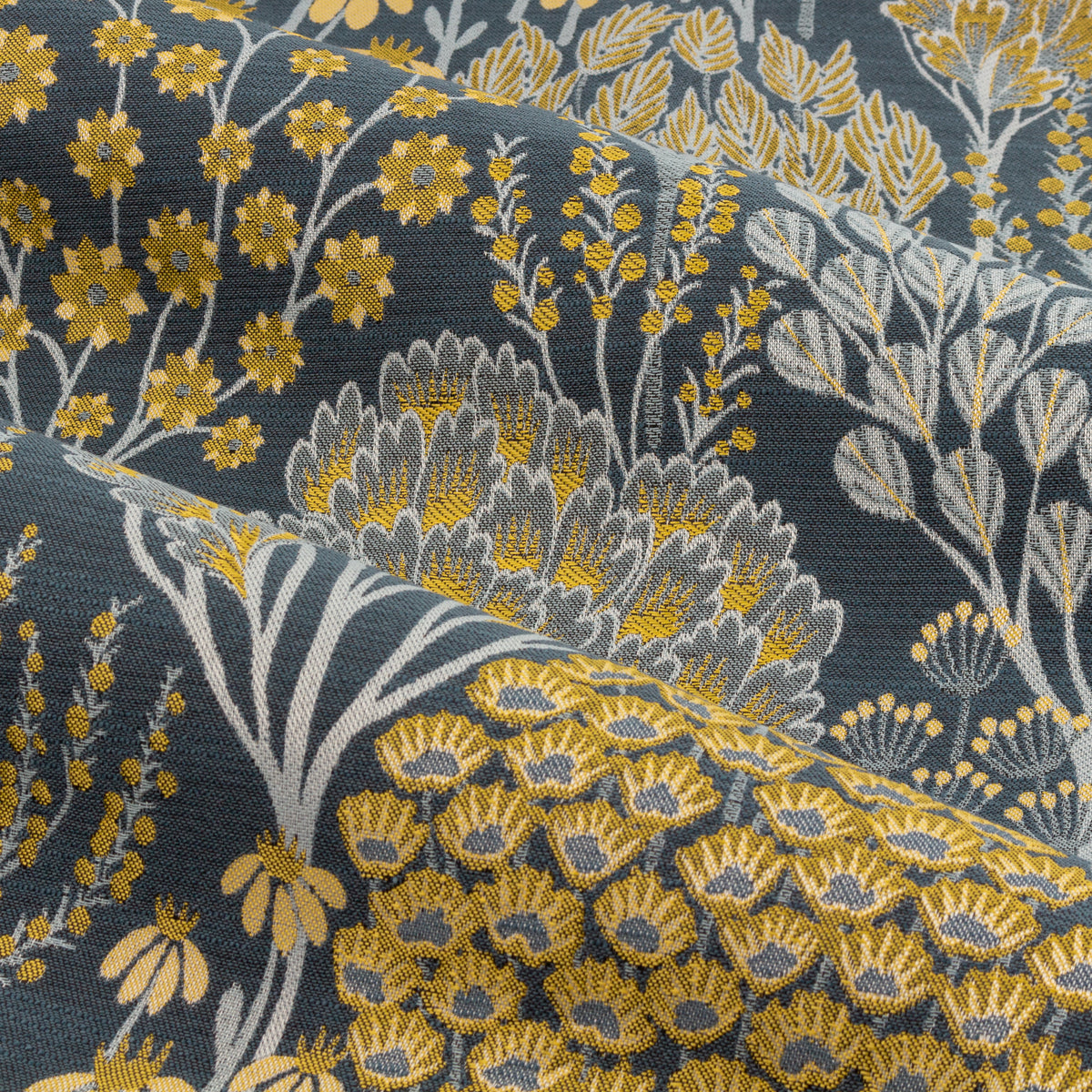 Ophelia Floral Jacquard Ready Made Pencil Pleat Curtains Blue Saffron