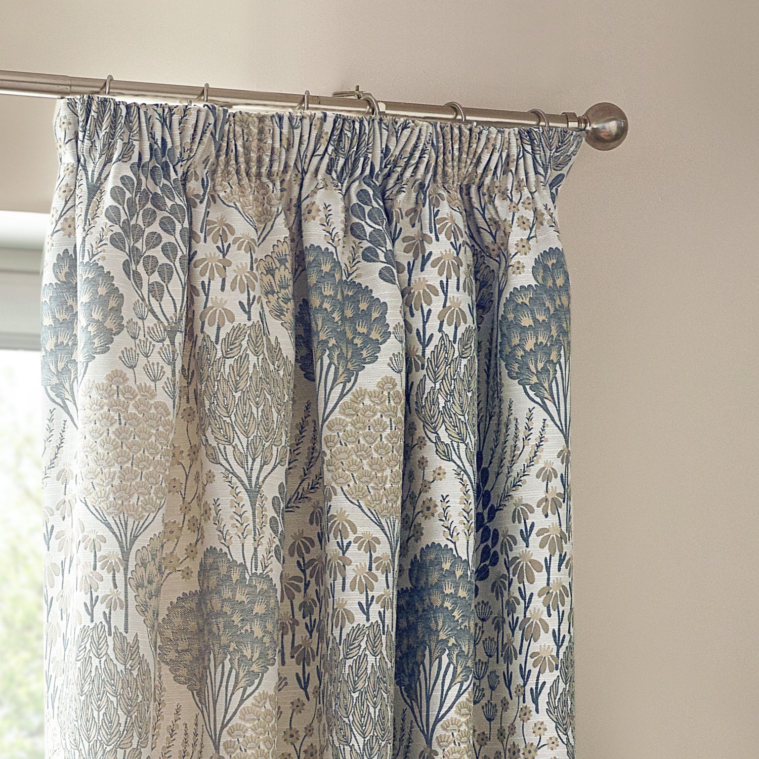 Ophelia Floral Jacquard Ready Made Pencil Pleat Curtains Wedgewood