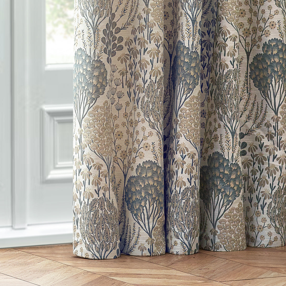 Ophelia Floral Jacquard Ready Made Pencil Pleat Curtains Wedgewood