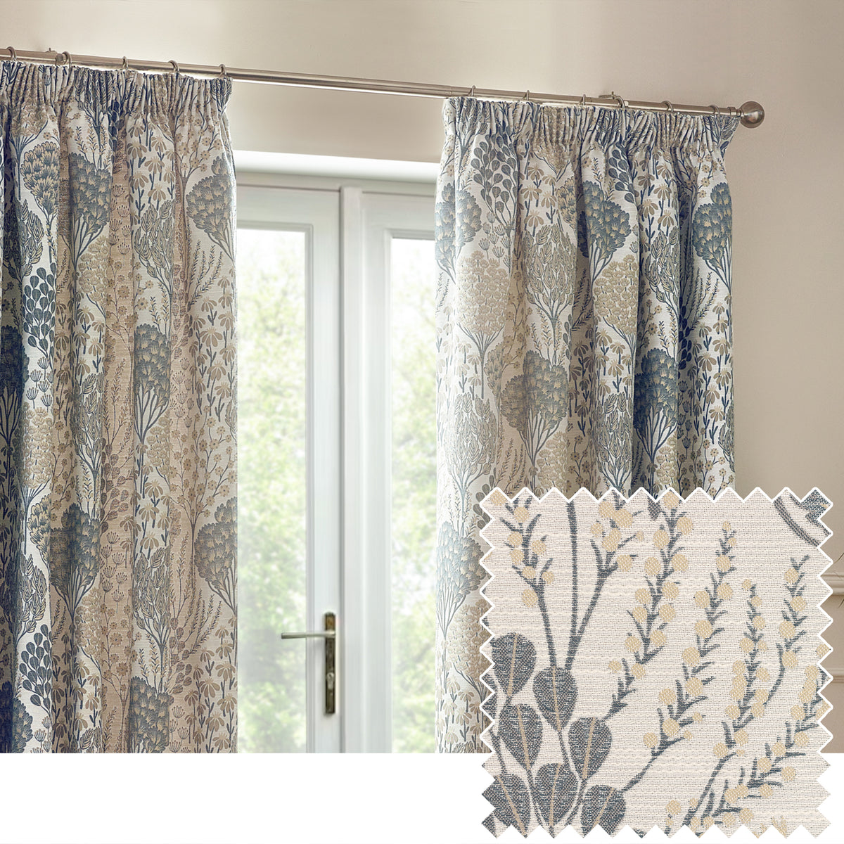 Ophelia Floral Jacquard Ready Made Pencil Pleat Curtains Wedgewood