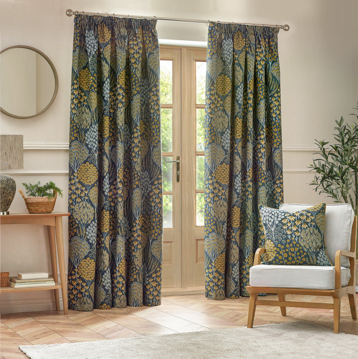 Ophelia Floral Jacquard Filled Cushion 50cm x 50cm Blue Saffron