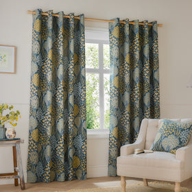 Wylder Nature Ophelia Floral Jacquard Ready Made Eyelet Blockout Curtains Blue Saffron