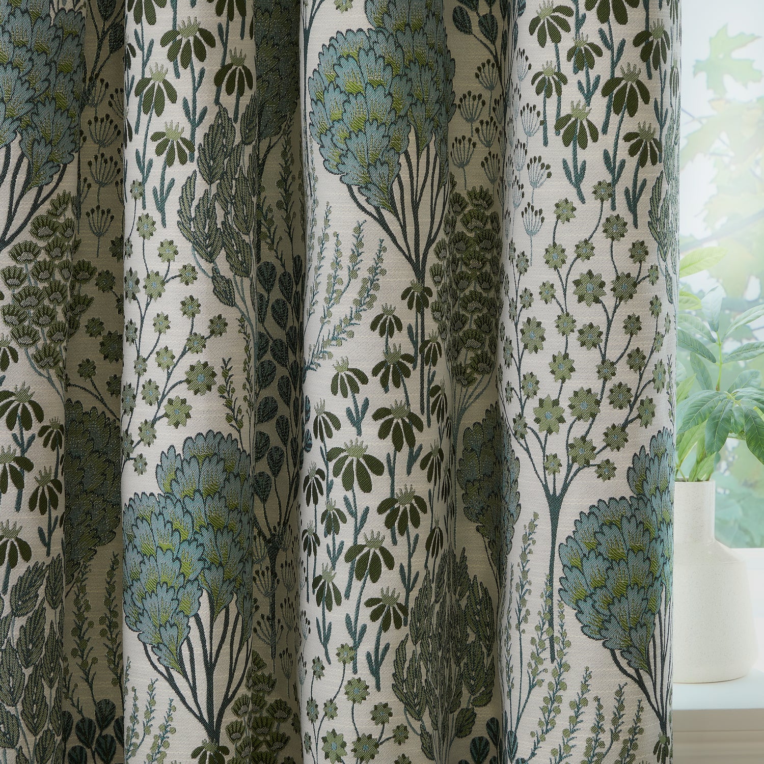 Wylder Nature Ophelia Floral Jacquard Ready Made Eyelet Blockout Curtains Thyme Mineral