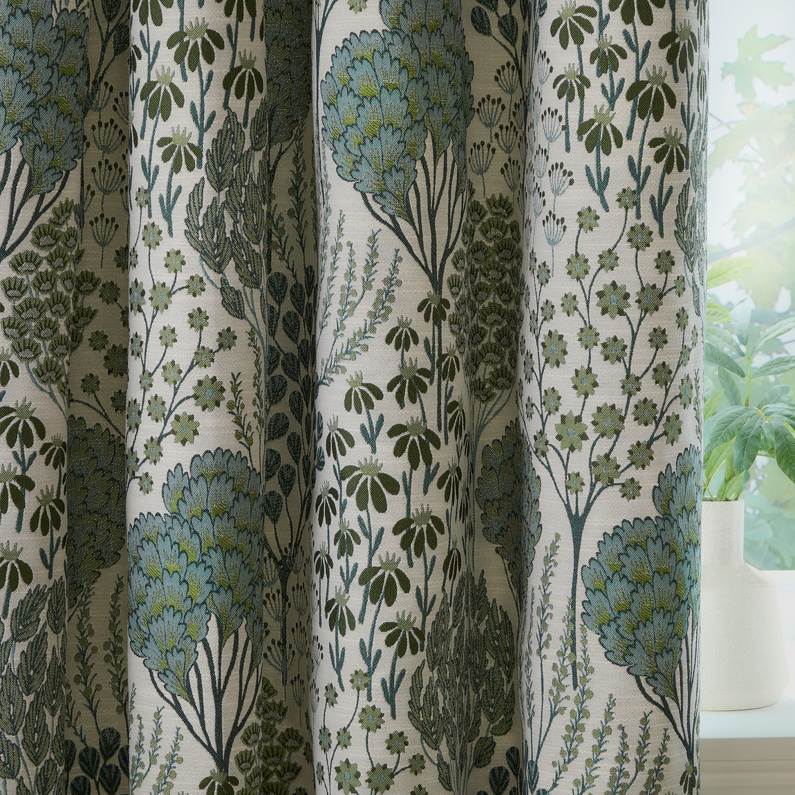 Wylder Nature Ophelia Floral Jacquard Ready Made Eyelet Blockout Curtains Thyme Mineral
