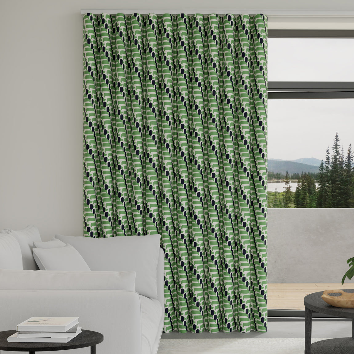 Orla Kiely Dog Show Made to Measure Wave Curtain + FREE Track Green