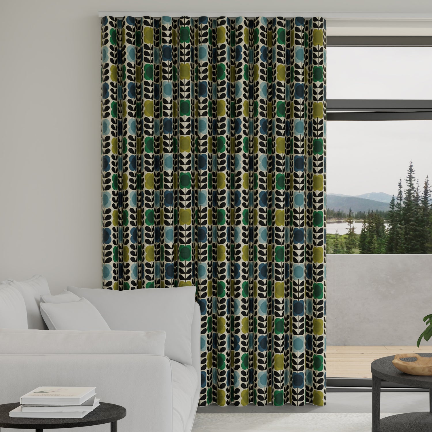 Orla Kiely Spot Flower Stem Made to Measure Wave Curtain + FREE Track Blue Green