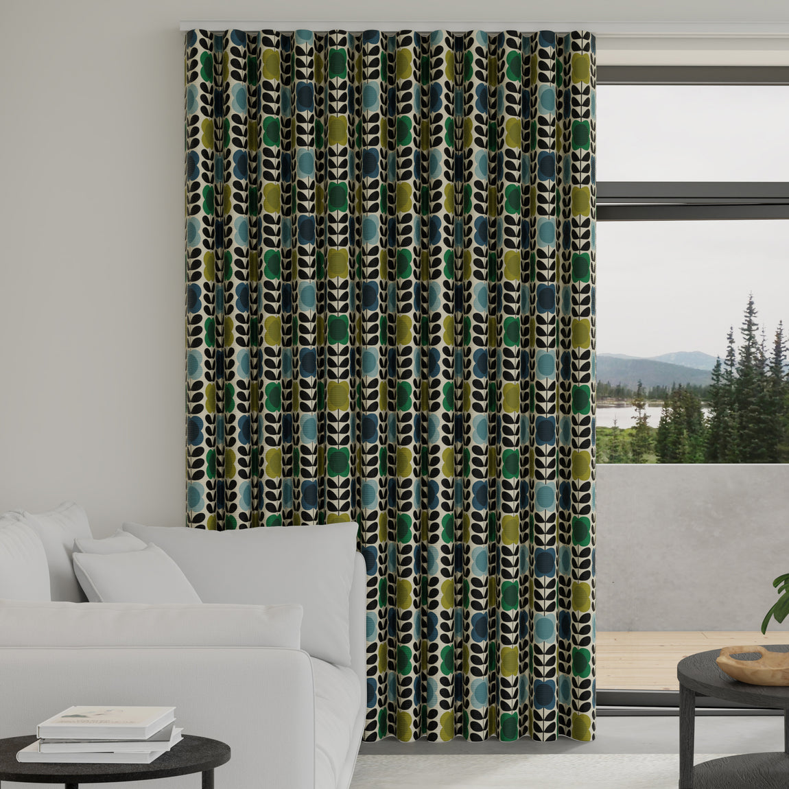 Orla Kiely Spot Flower Stem Made to Measure Wave Curtain + FREE Track Blue Green
