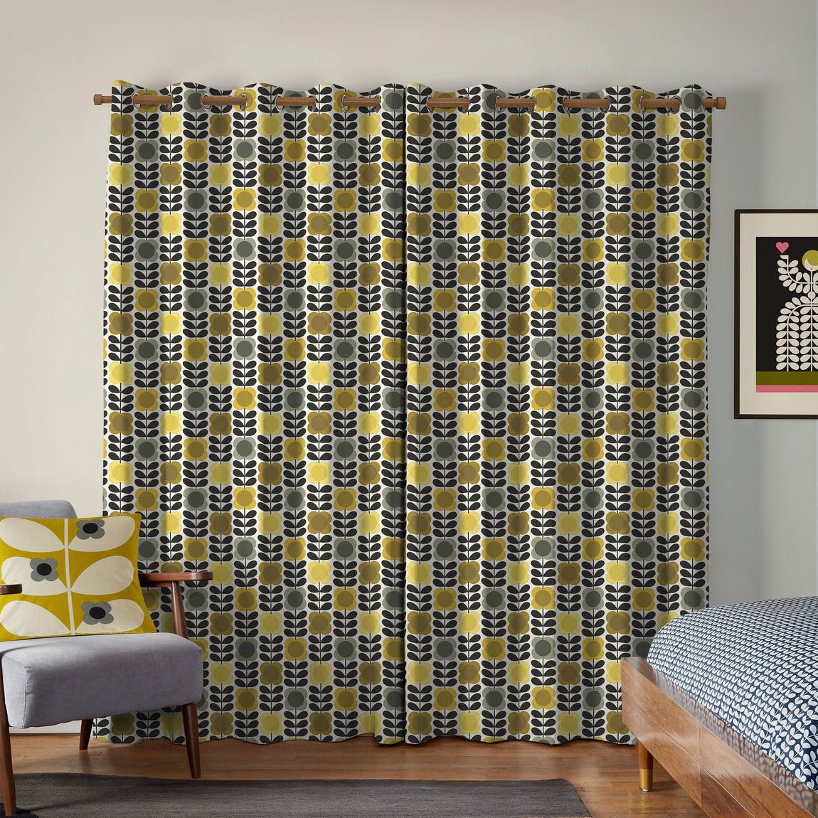 Orla Kiely Spot Flower Stem Made to Measure Curtain Yellow Grey