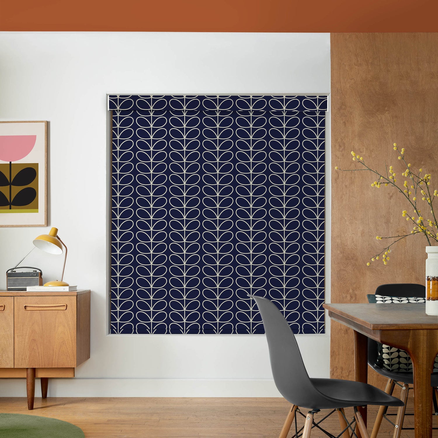 Orla Kiely Linear Stem Made to Measure Blackout Roller Blind Navy Whale