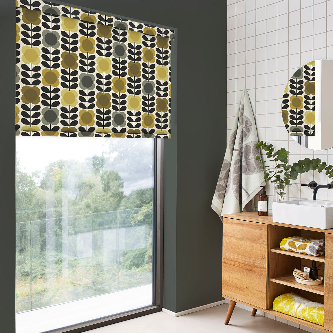 Orla Kiely Spot Flower Stem Made to Measure Blackout Roller Blind Yellow Grey