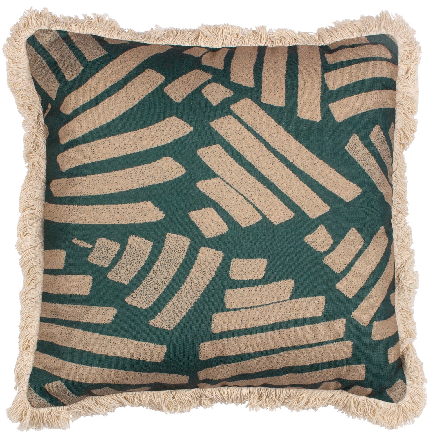 Paoletti Oromo Printed Geometric Fringed 45cm x 45cm Filled Cushion Green