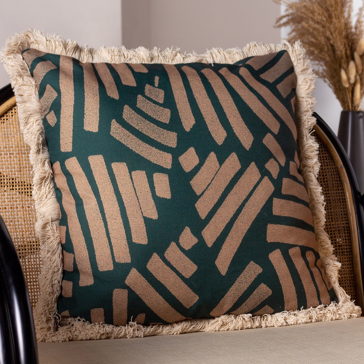 Paoletti Oromo Printed Geometric Fringed 45cm x 45cm Filled Cushion Green