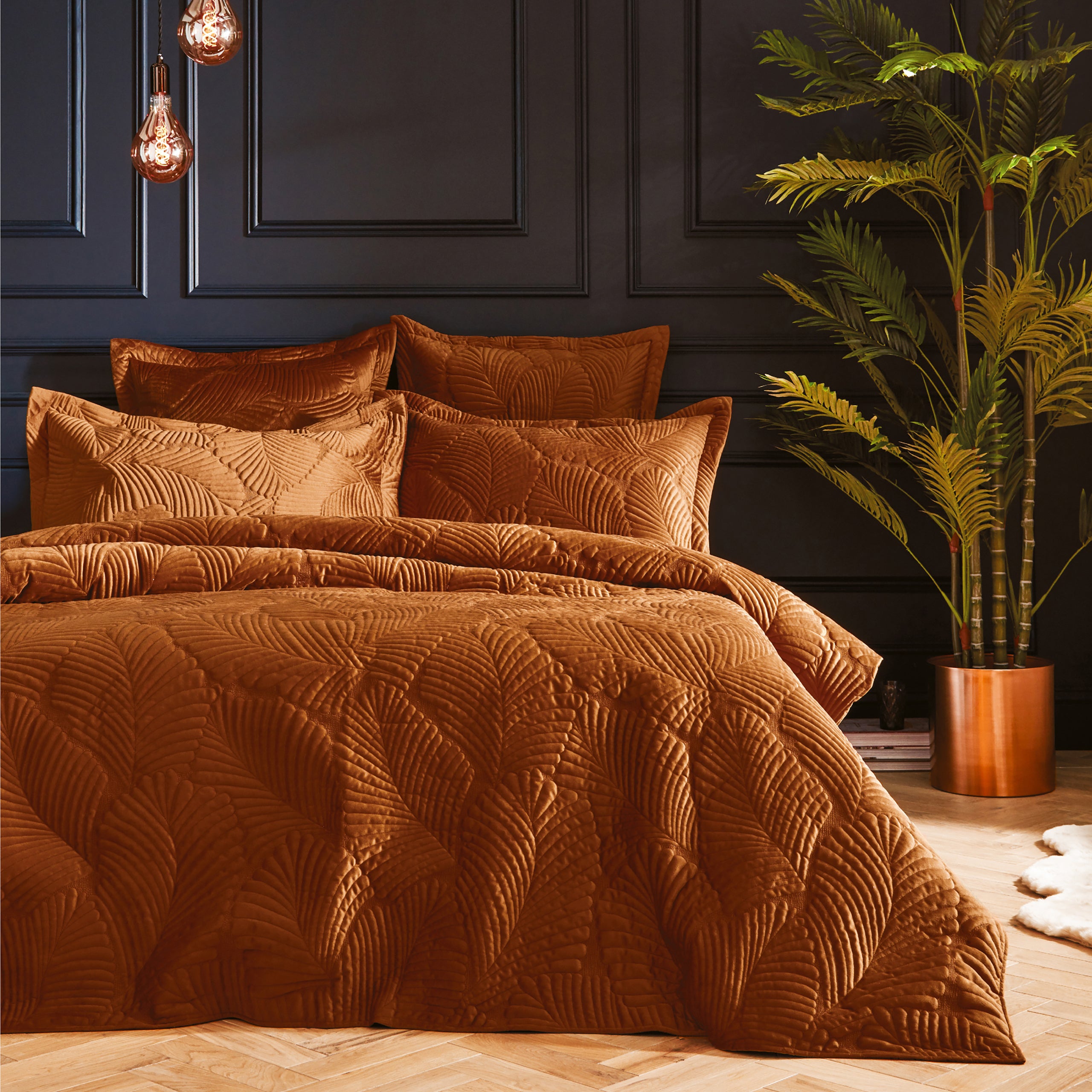 Rust Paoletti Palmeria Quilted Velvet Duvet Cover Bedding Set | Terrys