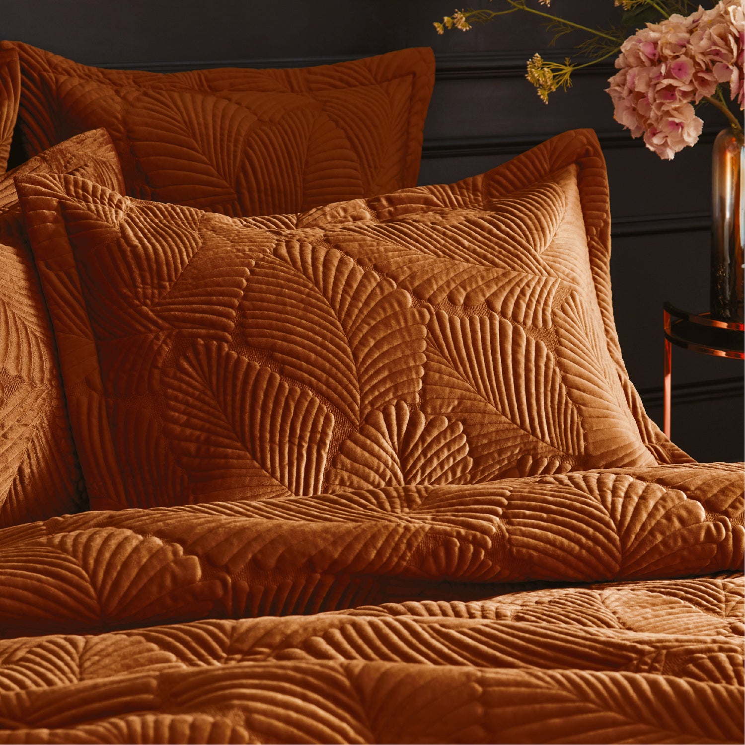 Paoletti Palmeria Quilted Velvet Duvet Cover Bedding Set Rust