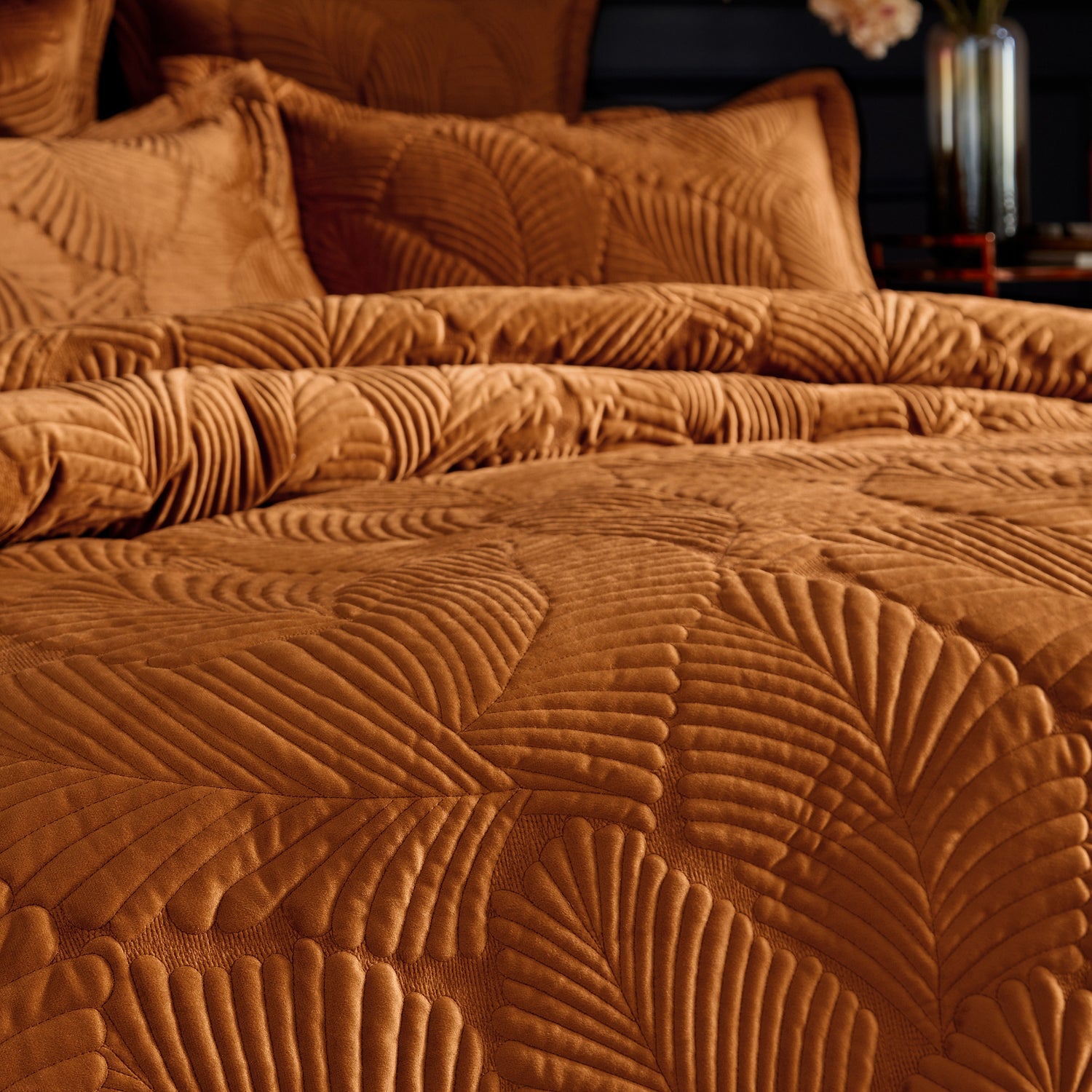 Paoletti Palmeria Quilted Velvet Duvet Cover Bedding Set Rust