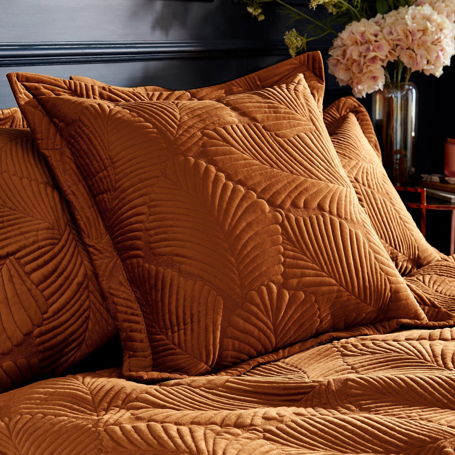 Paoletti Palmeria Quilted Velvet Duvet Cover Bedding Set Rust