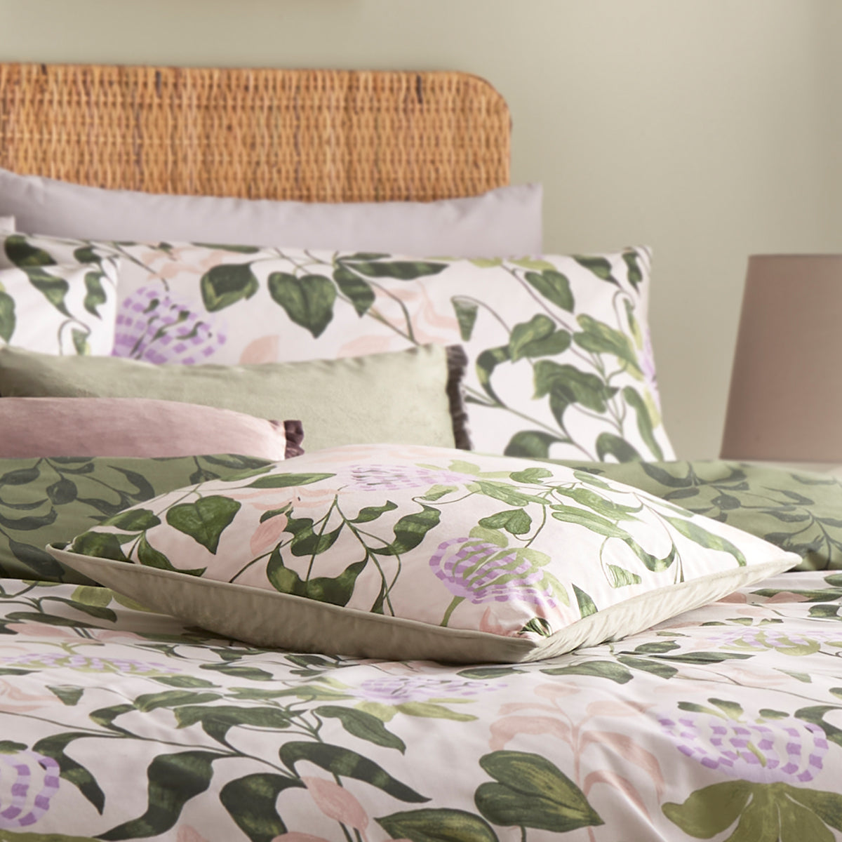 Passiflora Piped Velvet Filled Cushion 50cm x 50cm Peach Vine Green