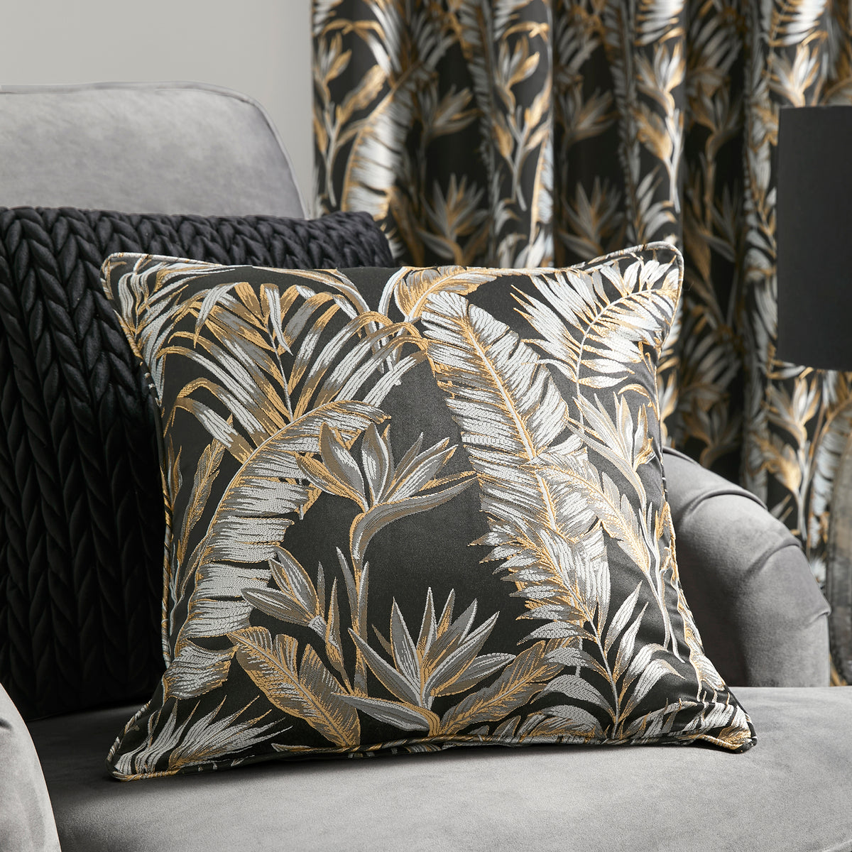 Laurence Llewelyn-Bowen Paradise Palm Jacquard Filled Cushion 43cm x 43cm Black