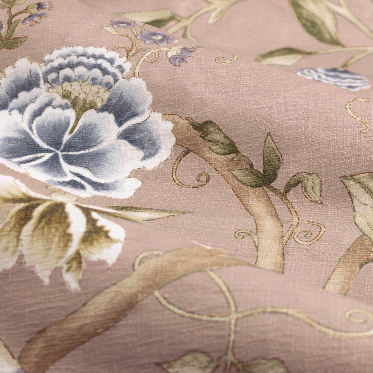 Sanderson Porcelain Garden Printed Chenille Ready Made Pencil Pleat Curtains Blush