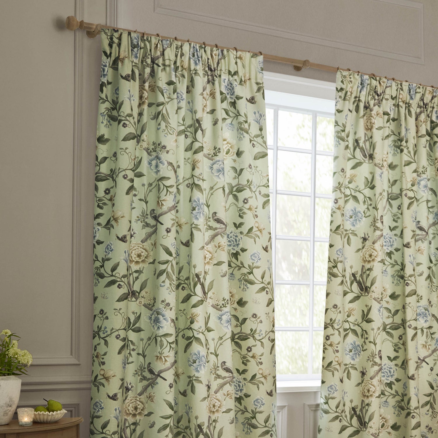 Sanderson Porcelain Garden Printed Chenille Ready Made Pencil Pleat Curtains Sage