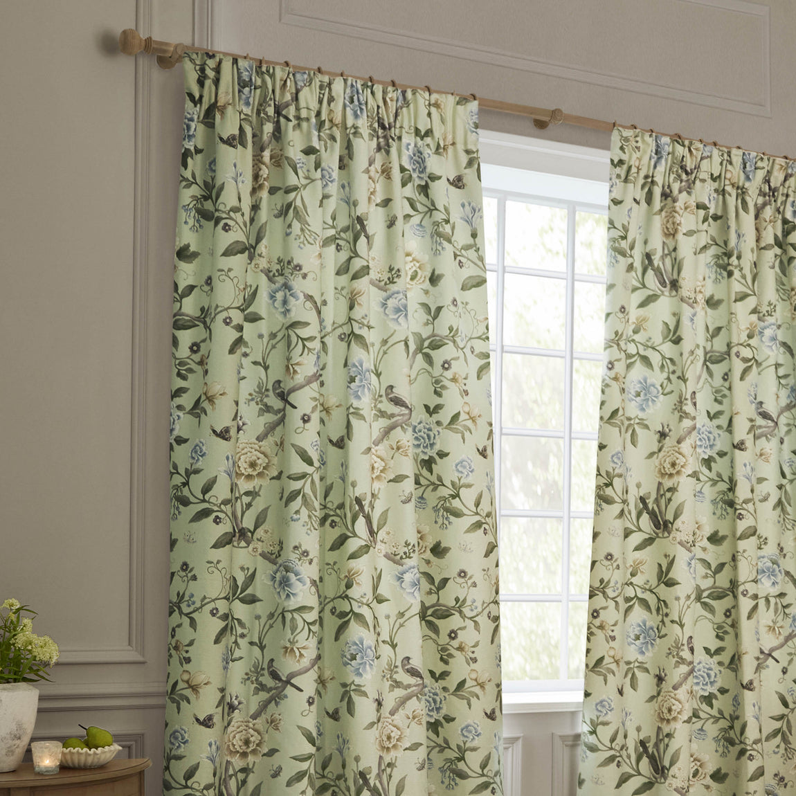 Sanderson Porcelain Garden Printed Chenille Ready Made Pencil Pleat Curtains Sage