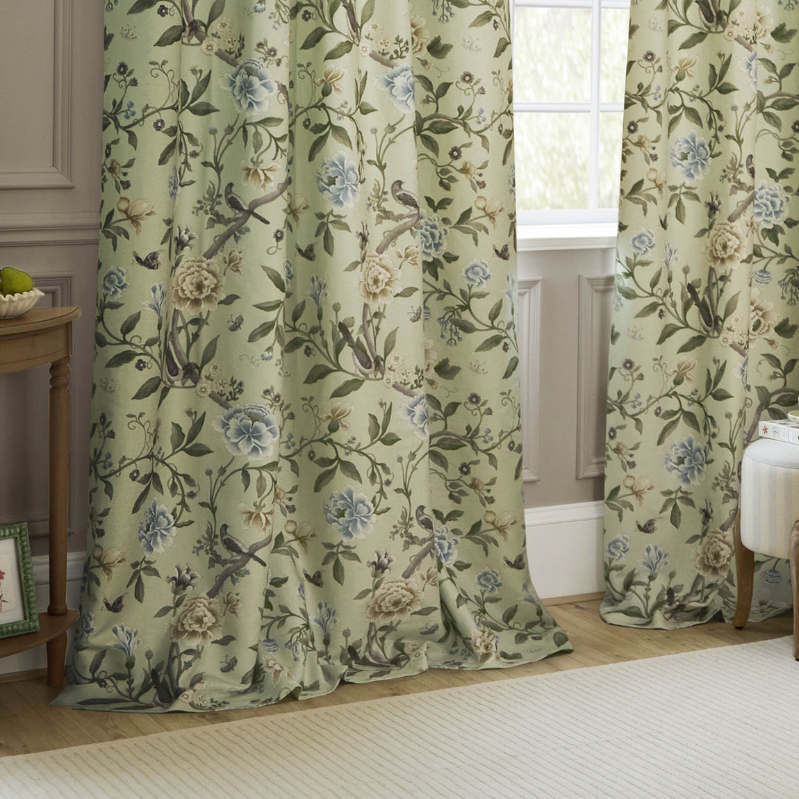 Sanderson Porcelain Garden Printed Chenille Ready Made Pencil Pleat Curtains Sage