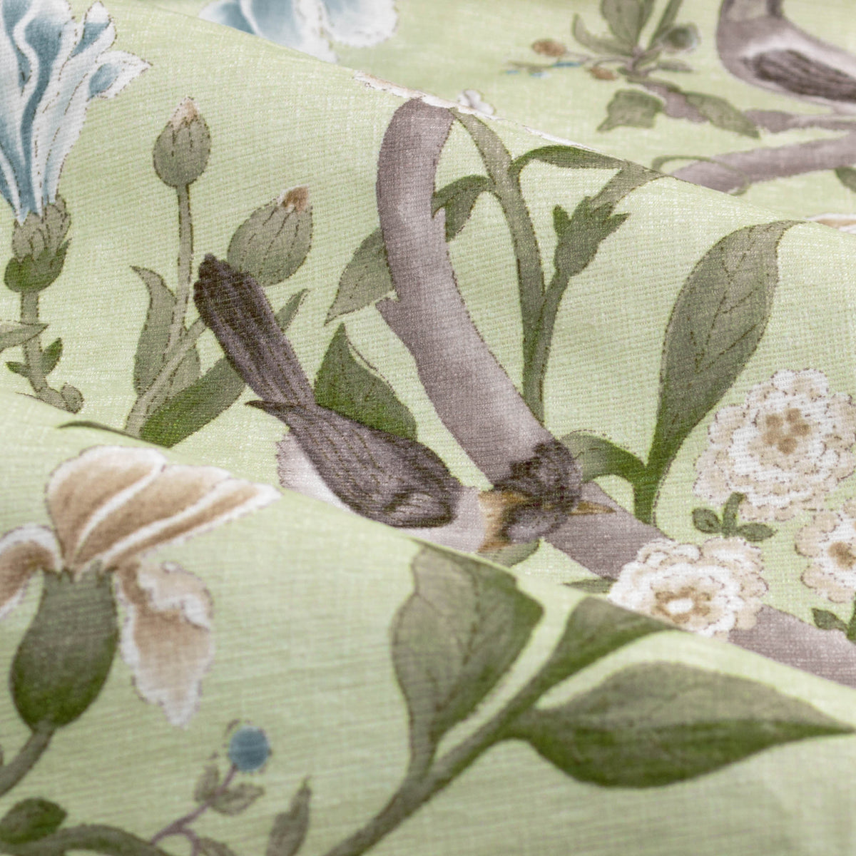 Sanderson Porcelain Garden Printed Chenille Ready Made Pencil Pleat Curtains Sage