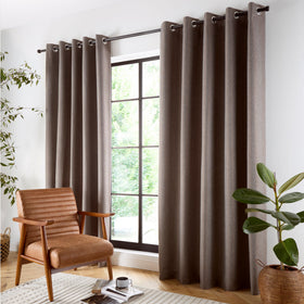 Curtina Plain Twill Woven Ready Made Eyelet Blackout Curtains Chocolate