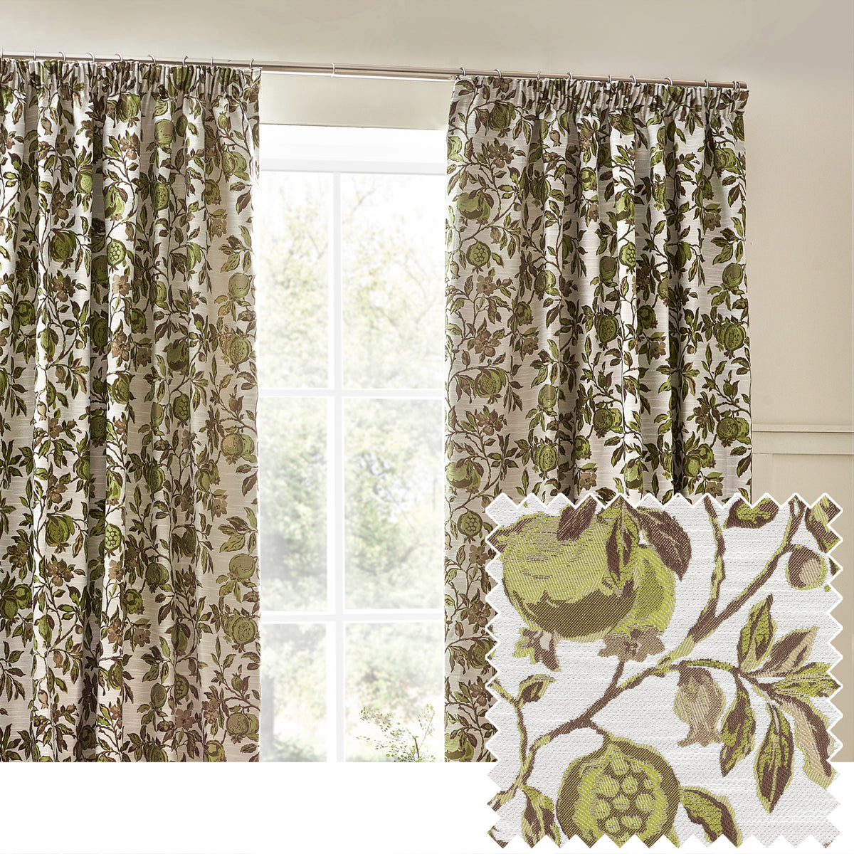 Pomegranate Floral Jacquard Ready Made Pencil Pleat Curtains Green