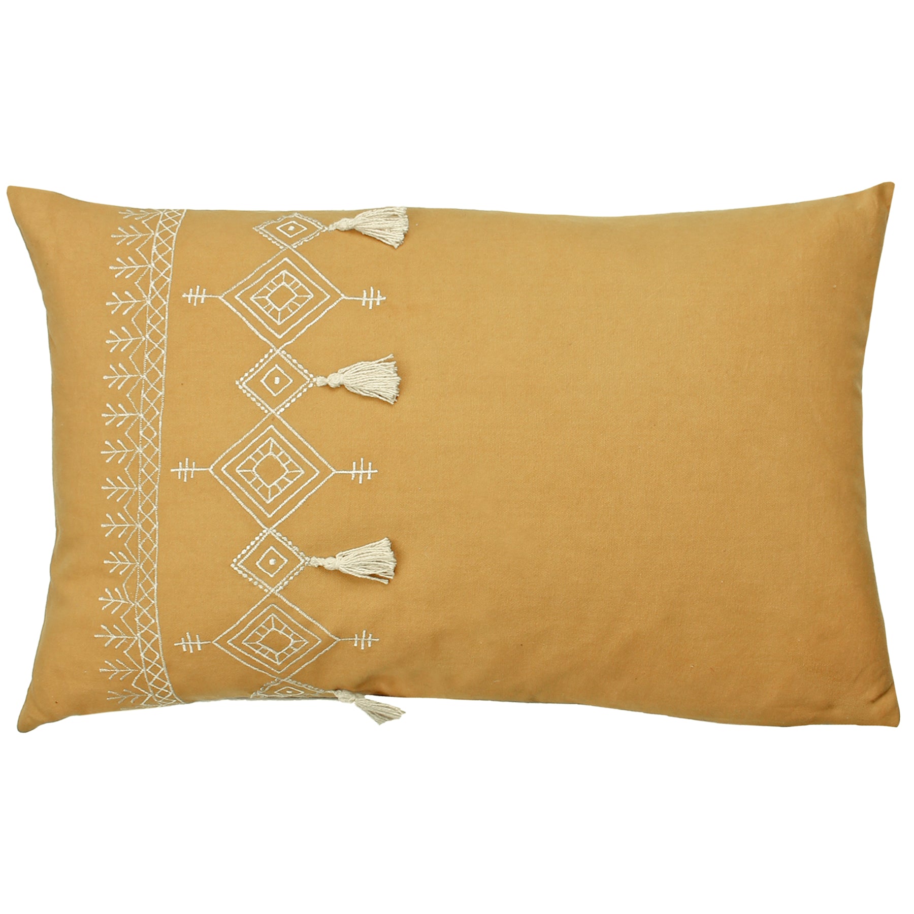 furn. Pritta Cotton Embroidered Tasselled 40cm x 60cm Filled Boudoir Mustard