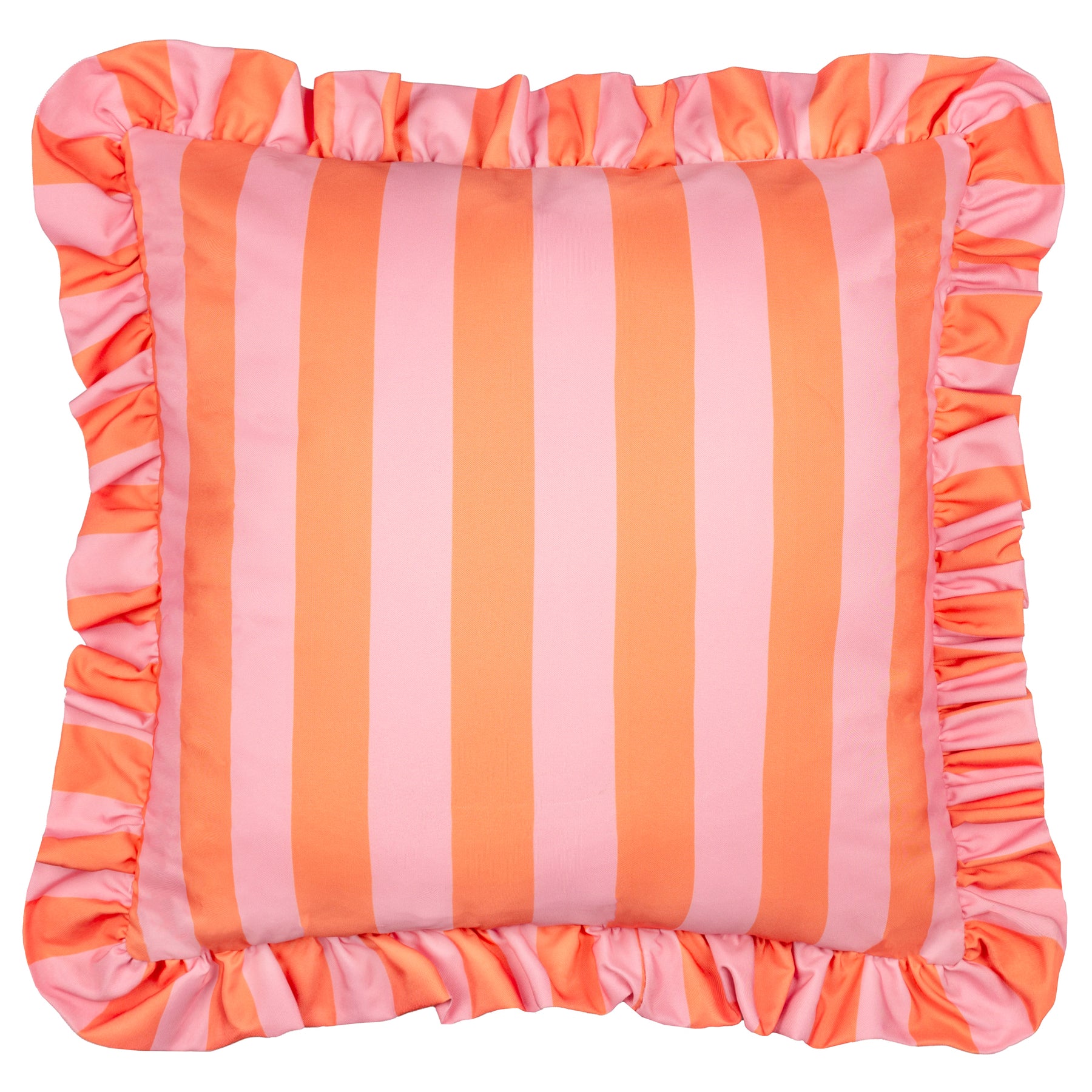 Furn Palm Royale Stripe Ruffle Printed Outdoor Filled Cushion 50cm x 50cm Pink Orange