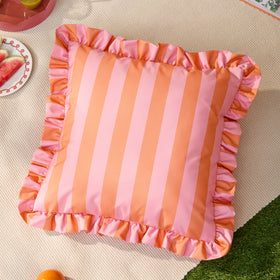 Furn Palm Royale Stripe Ruffle Printed Outdoor Filled Cushion 50cm x 50cm Pink Orange