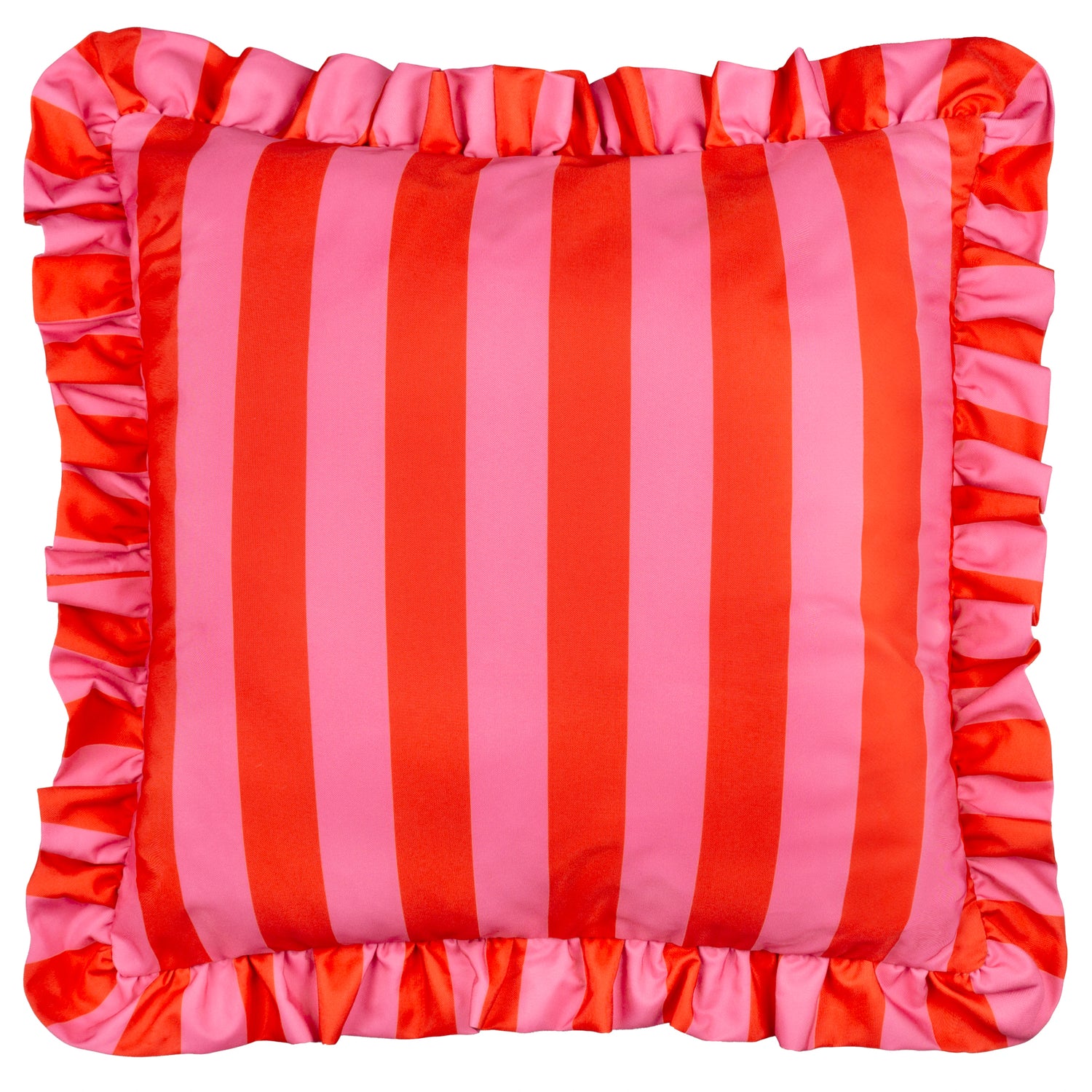 Furn Palm Royale Stripe Ruffle Printed Outdoor Filled Cushion 50cm x 50cm Pink Red
