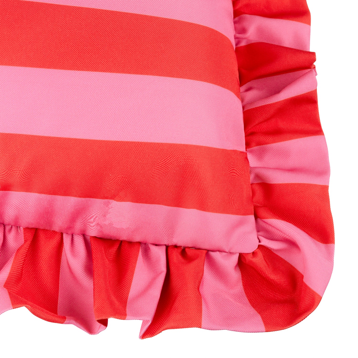 Furn Palm Royale Stripe Ruffle Printed Outdoor Filled Cushion 50cm x 50cm Pink Red