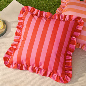 Furn Palm Royale Stripe Ruffle Printed Outdoor Filled Cushion 50cm x 50cm Pink Red