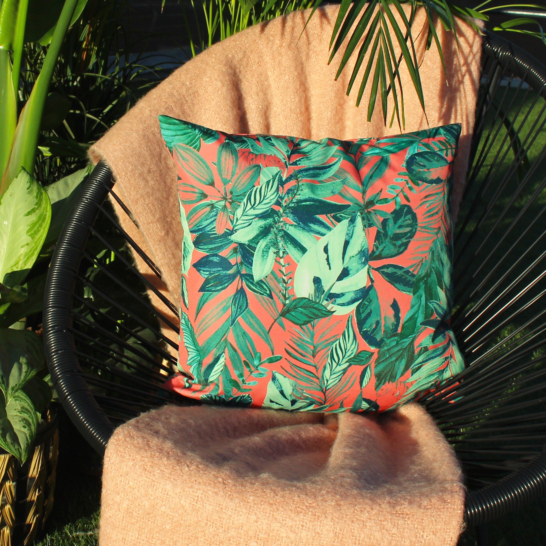 Psychedelic Jungle Tropical Outdoor Filled Cushion 43cm x 43cm Coral