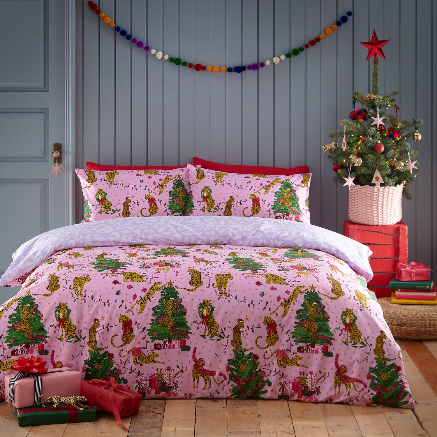 Furn Purrfect Christmas Abstract Leopard Duvet Cover Bedding Set Pink Lilac