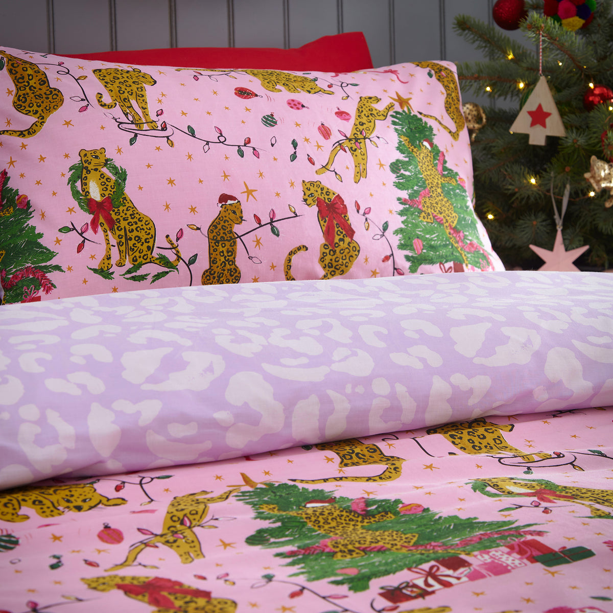 Furn Purrfect Christmas Abstract Leopard Duvet Cover Bedding Set Pink Lilac
