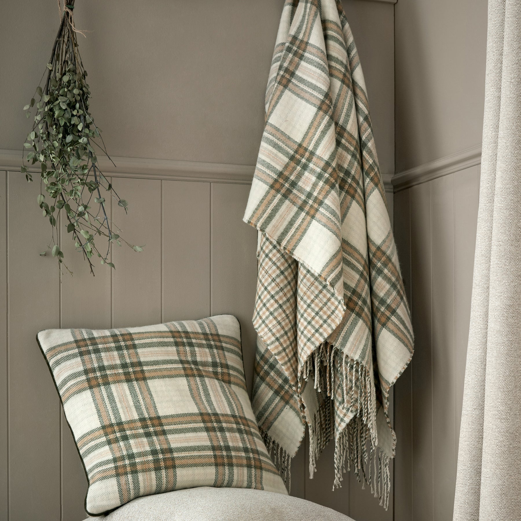 Laura Ashley Padbury Check 45cm x 45cm Filled Cushion Olive