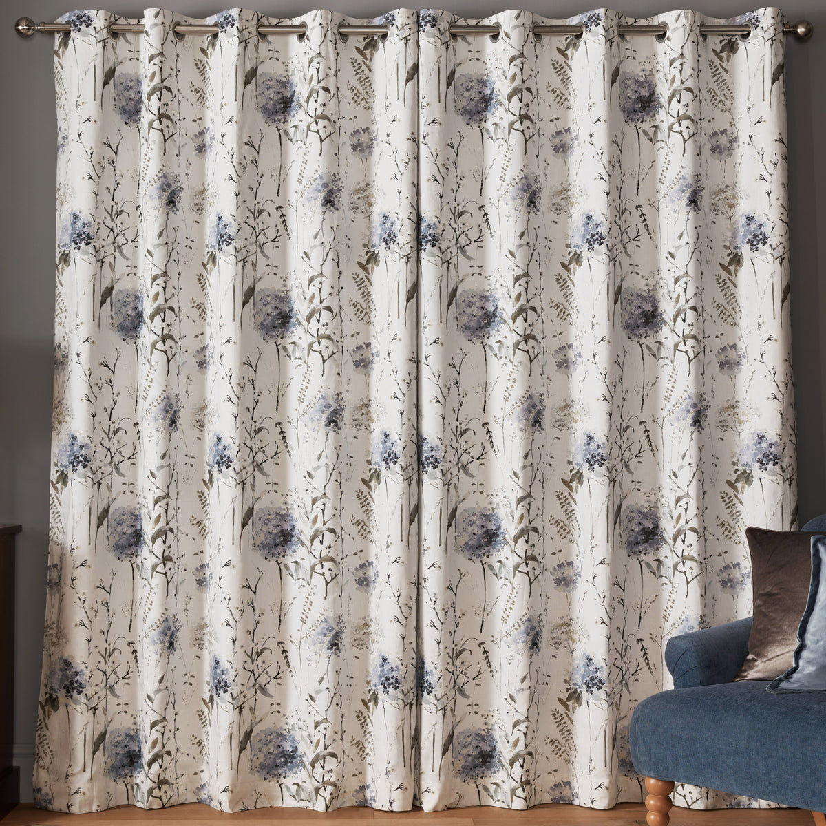 Laura Ashley Pallington Bloom Ready Made Eyelet Blackout Curtains Smoke Blue