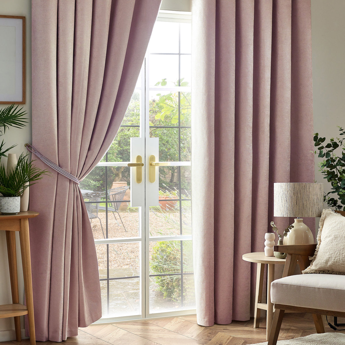 Chenille Triple Woven Ready Made Blackout Pencil Pleat Curtains Pink