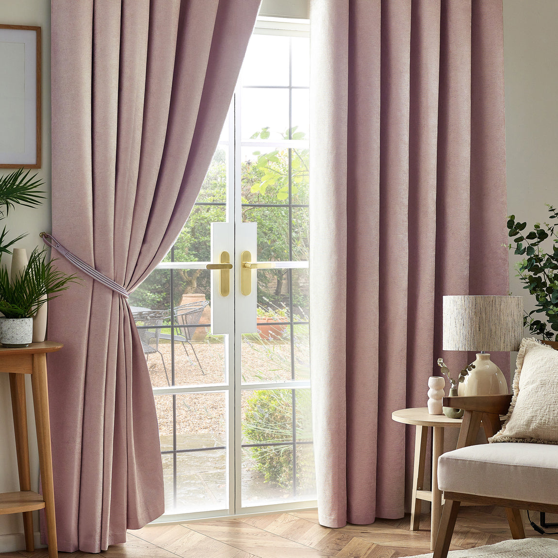 Chenille Triple Woven Ready Made Blackout Pencil Pleat Curtains Pink
