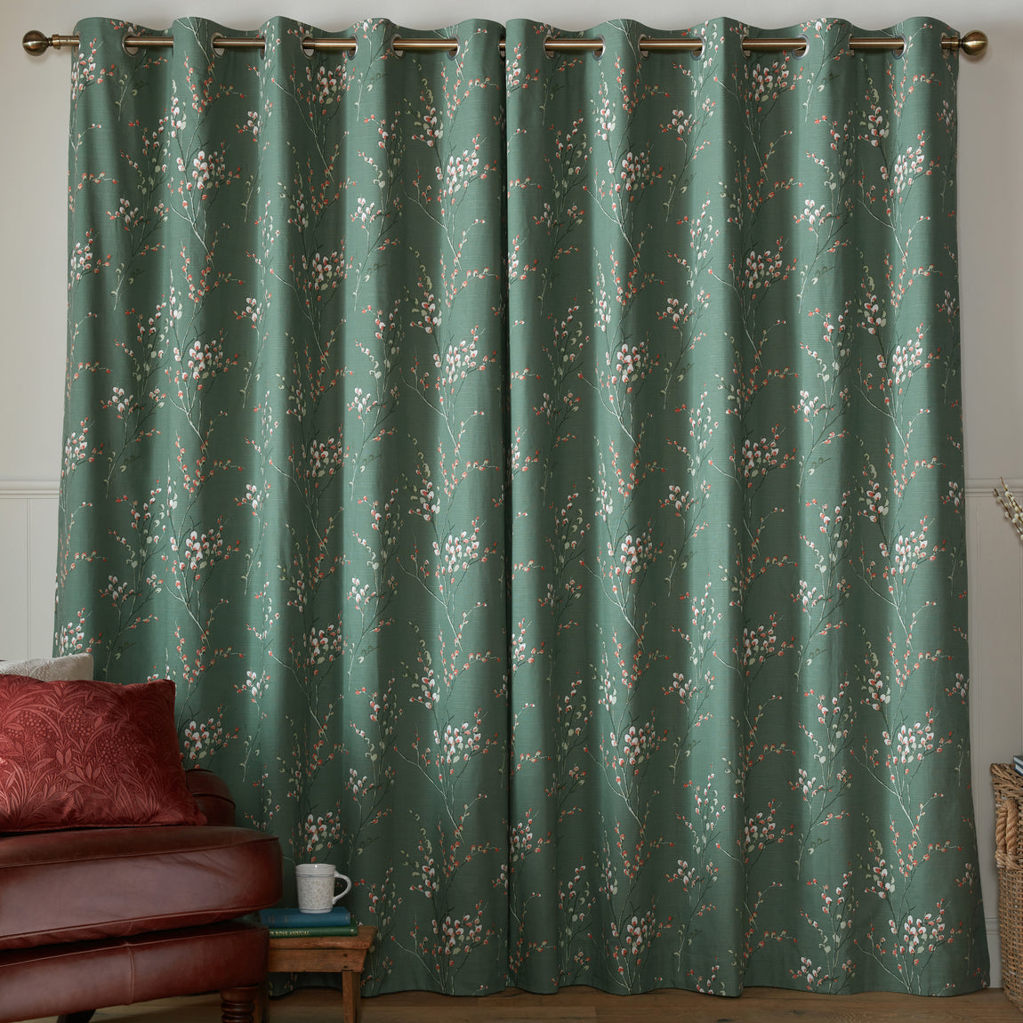 Laura Ashley Pussy Willow Ready Made Eyelet Blackout Curtains Fern Green