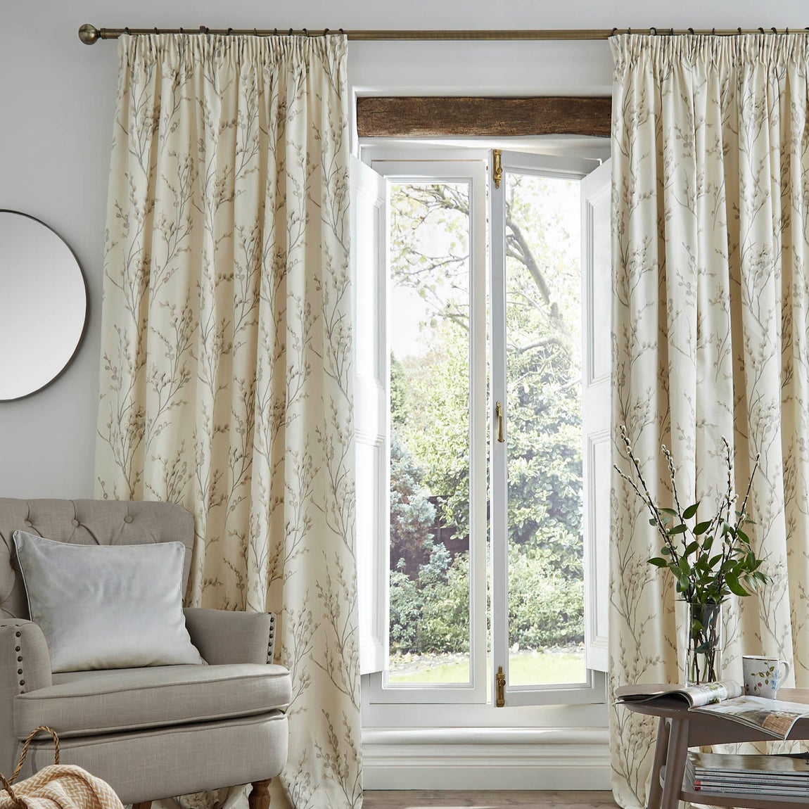 Laura Ashley Pussy Willow Ready Made Curtains Off white-Dove grey